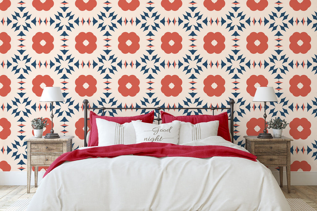Red Blue Boho Wallpaper/Peel and Stick Removable/Baby Nursery Decor/Large Print/Living Room Bedroom/Boho Bloom