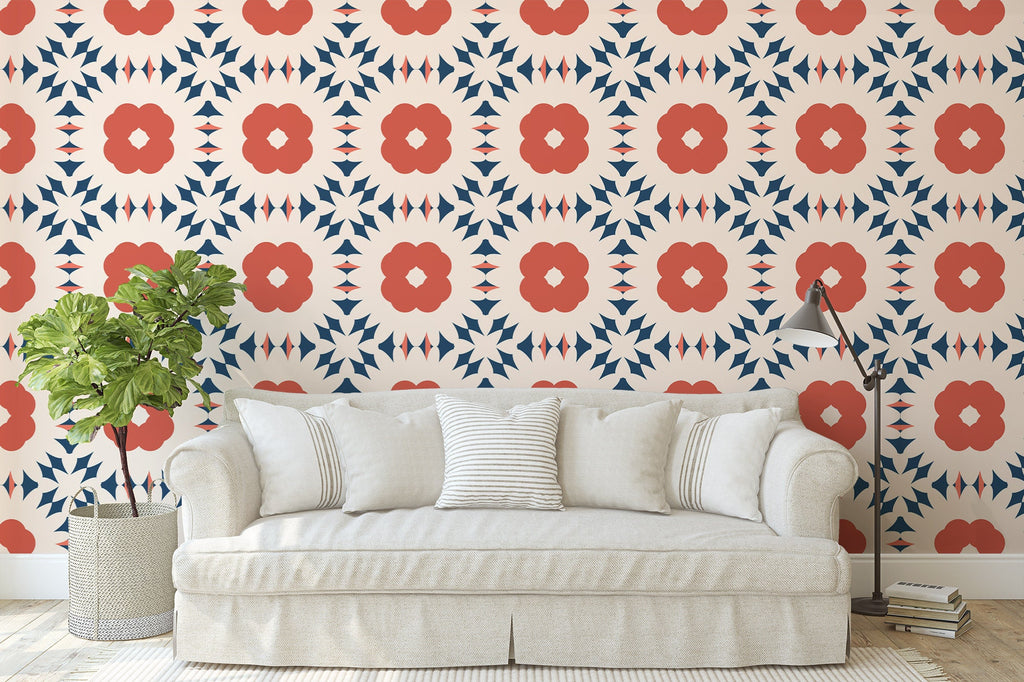 Red Blue Boho Wallpaper/Peel and Stick Removable/Baby Nursery Decor/Large Print/Living Room Bedroom/Boho Bloom