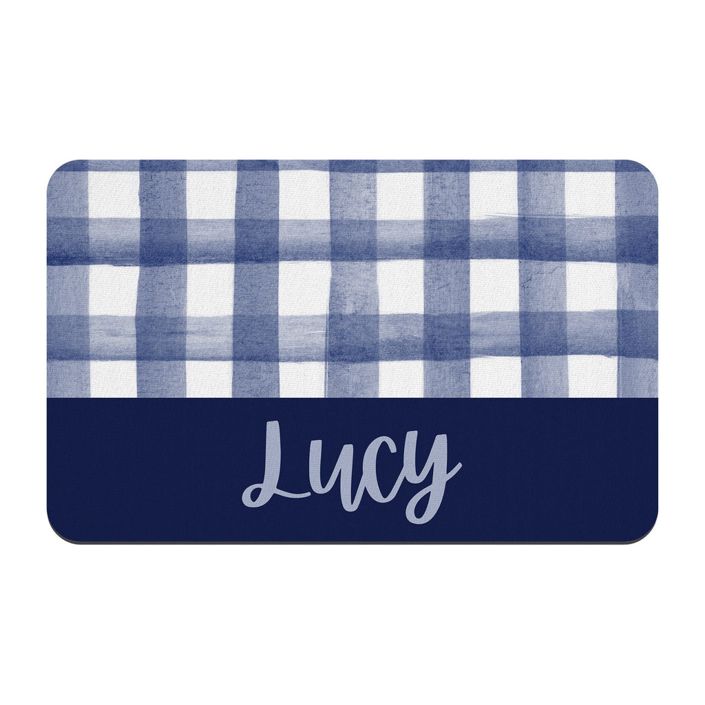 Personalized Navy Blue Watercolor Gingham Pet Mat