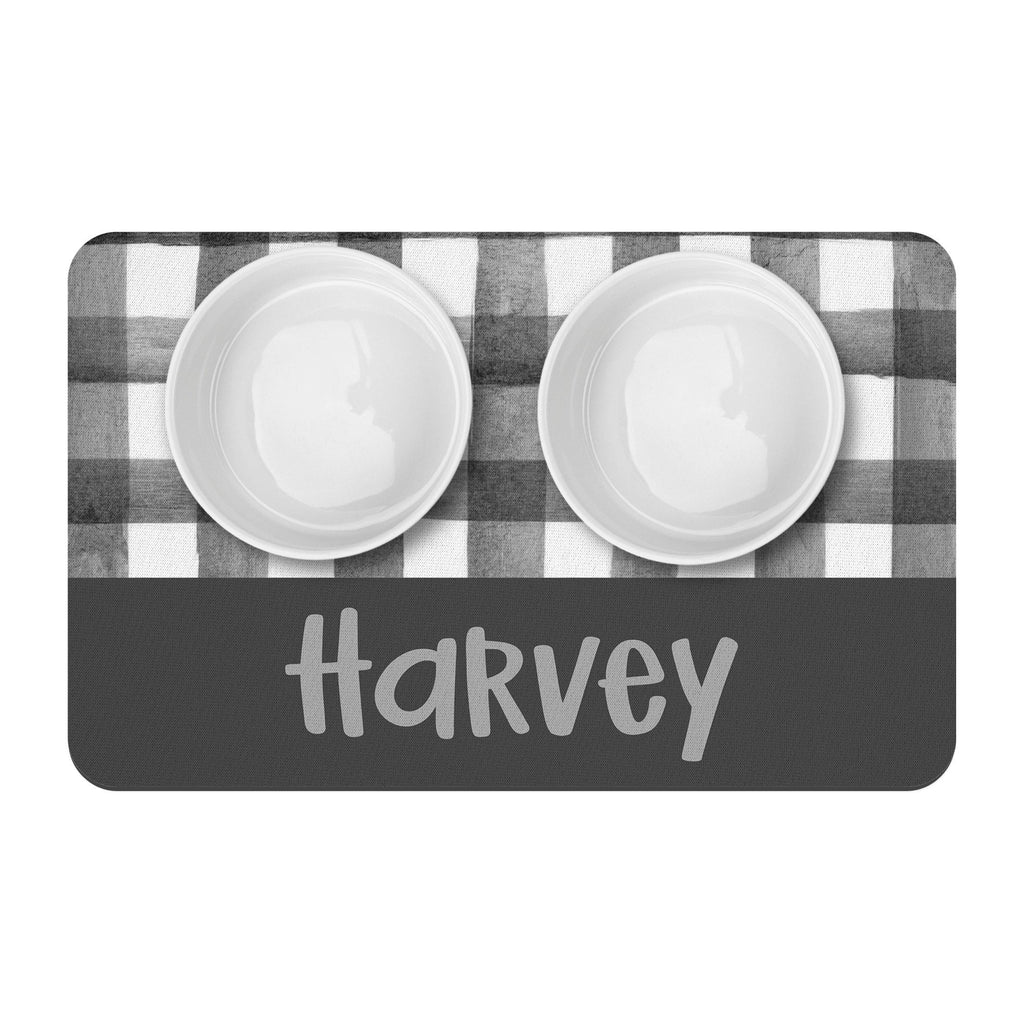 Personalized Charcoal Grey Gingham Pet Mat
