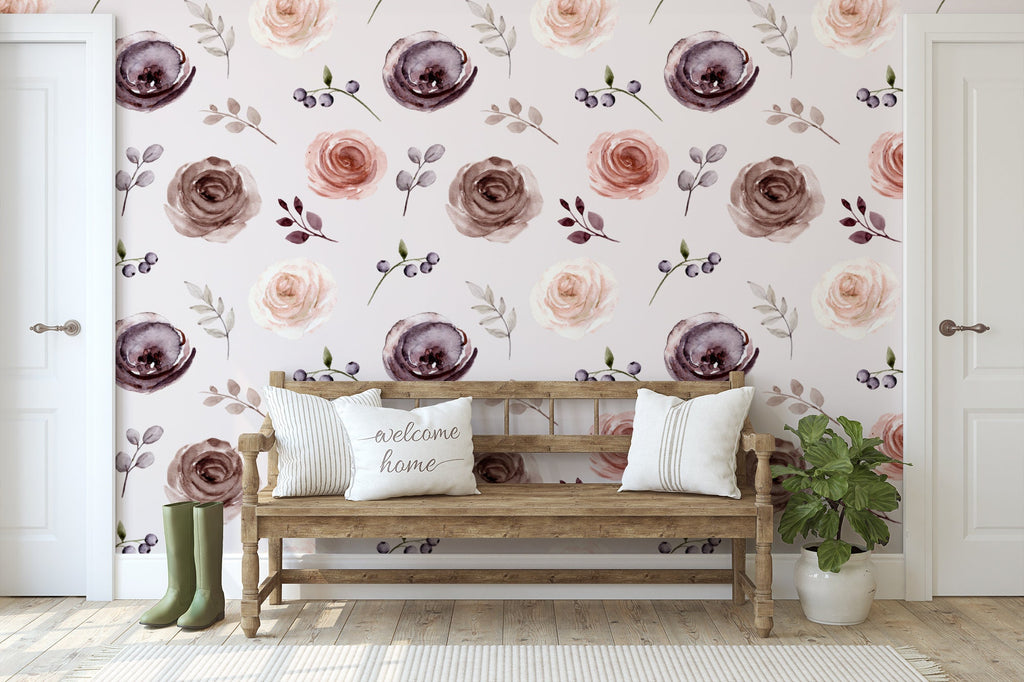 Earth Tones Watercolor Floral Wallpaper/Peel and Stick Removable Large Print/Home Decor/Living Room Bedroom Nursery/Lauren Collection