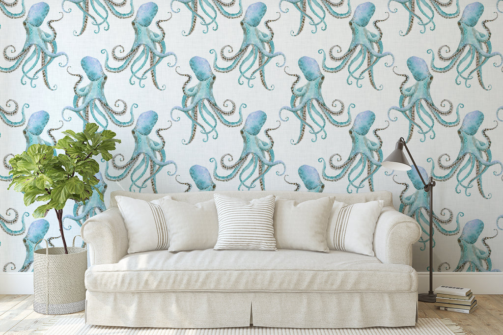 Octopus Wallpaper/Peel and Stick Removable/Large Print/Living Room Bedroom/Aqua Octopus Ocean