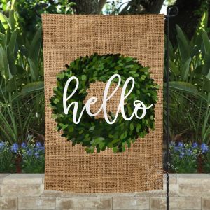Garden Flag / Yard Flag Decoration / Burlap Look Boxwood Wreath Hello / Custom Porch
