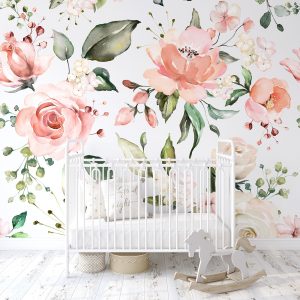Pink Peach Rose Floral Wallpaper, Peel Stick Removable, Baby Girl Nursery Decor, Large Print Mural, Traditional Prepasted Unpasted, Custom