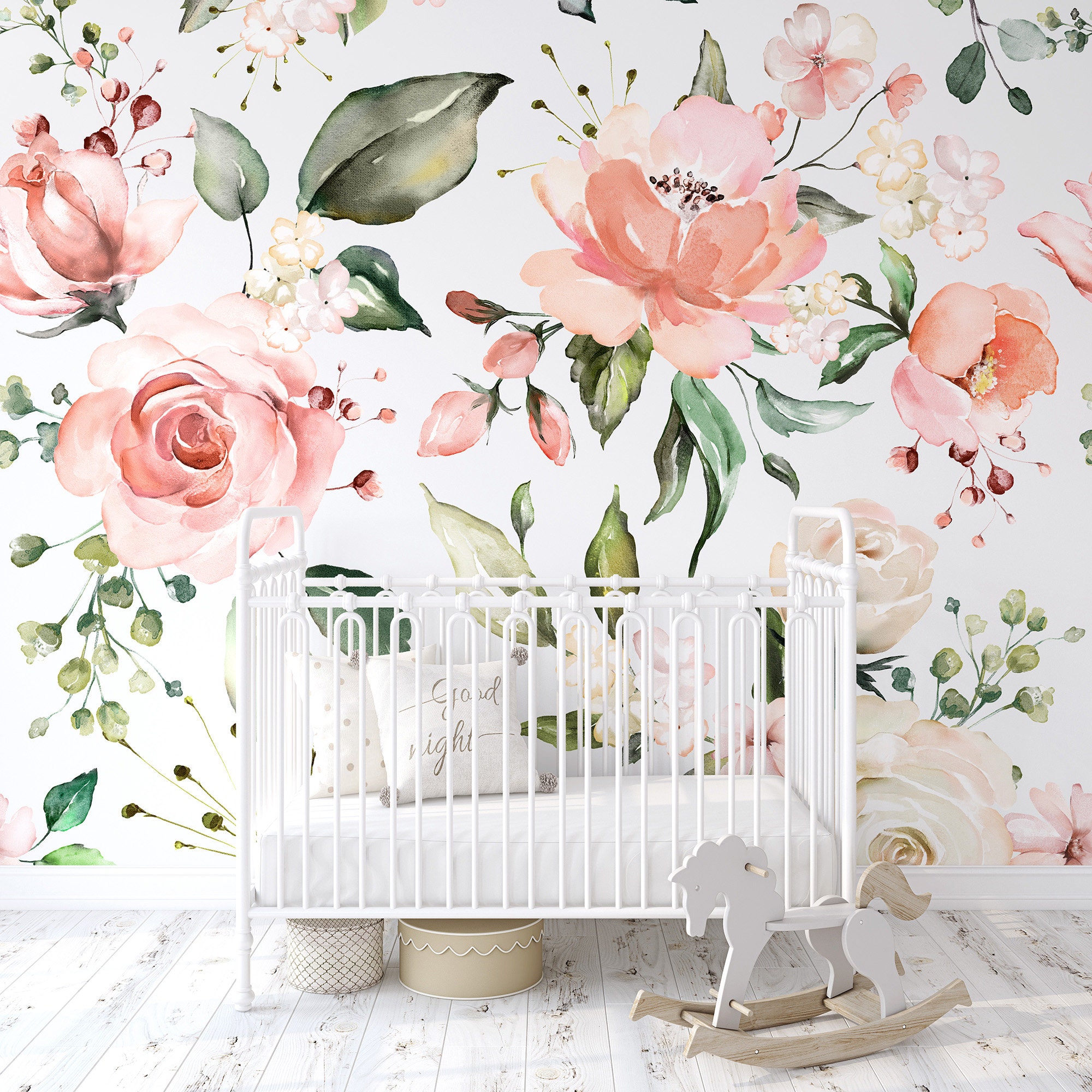Pink Peach Rose Floral Wallpaper, Peel Stick Removable, Baby Girl Nursery Decor, Large Print Mural, Traditional Prepasted Unpasted, Custom
