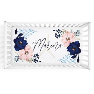 Nautical Floral Crib Sheet / Navy Pink Starfish Beach Nursery / Changing Pad Cover / Mini Crib Sheet Option / Marina Collection