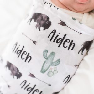 Personalized Western Baby Swaddle Blanket, Hat, Newborn Infant Shower Gift, Arrow Cactus, Bison Collection