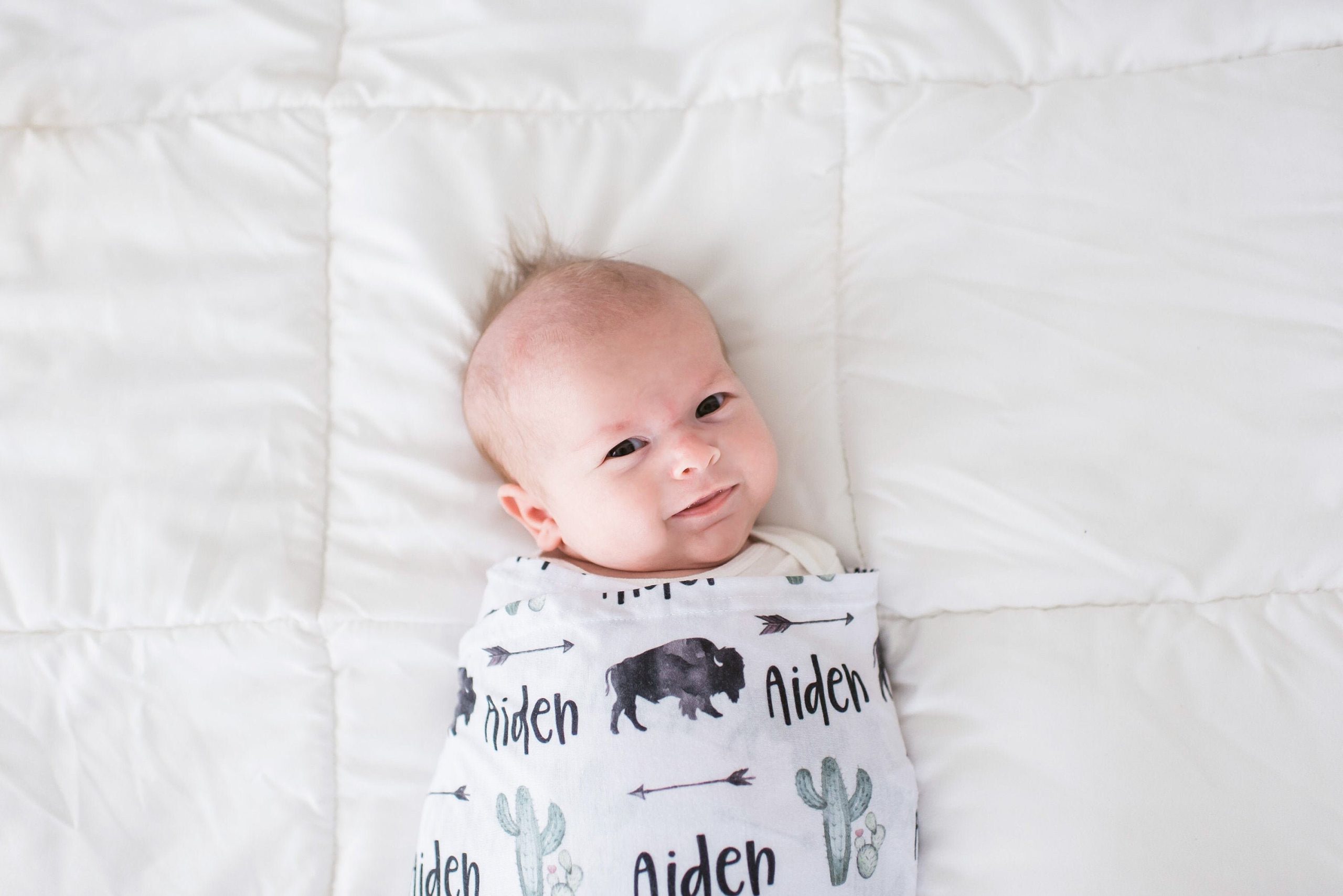 Personalized Western Baby Swaddle Blanket, Hat, Newborn Infant Shower Gift, Arrow Cactus, Bison Collection - Image 2