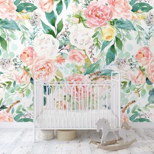 Bright Pastel Floral Wallpaper, Peel and Stick Removable, Unpasted Traditional Spring Pink Peach Green, Baby Girl Nursery Decor, Large Mural