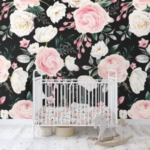 Black Watercolor Pink Rose Wallpaper / Peel and Stick Removable / Baby Girl Nursery Decor / Grace Collection