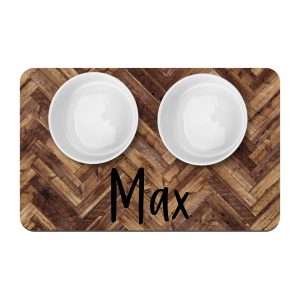 Herringbone Pet Bowl Placemat, Personalized Washable Feeding Station Decor, Dark Faux Chevron Wood