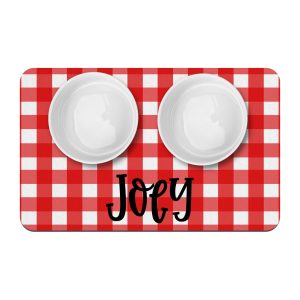 Red Gingham Personalized Pet Placemat / Custom Dog Bowl Mat / New Puppy Supplies / Farmhouse Style Simple Neutral