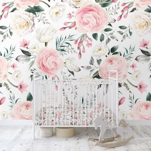 Watercolor Pink Rose Wallpaper, Peel Stick Removable, Unpasted Traditional, Baby Girl Nursery Mural Wall Decor, Pastel Floral Grace