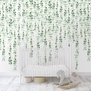 Eucalyptus Greenery Drop Wallpaper, Peel and Stick Removable or Traditional, Neutral Nursery Playroom Wall Mural Hanging Ceiling Plant Green