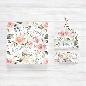 Floral Rose Swaddle Blanket Headband Hat Set / Personalized Baby Shower Gift / Hospital Newborn Photos Prop / Rosie Collection