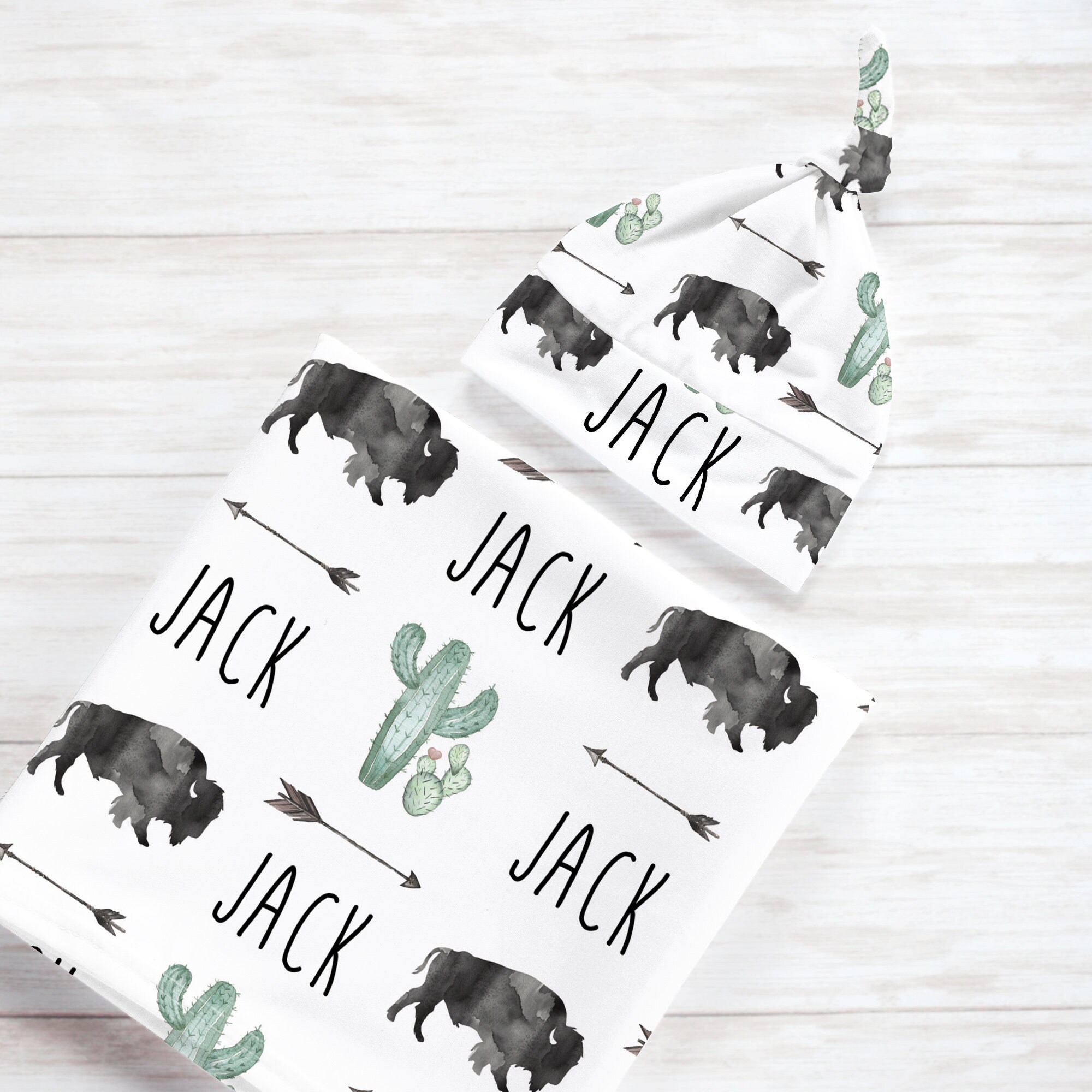 Personalized Western Baby Swaddle Blanket, Hat, Newborn Infant Shower Gift, Arrow Cactus, Bison Collection - Image 3