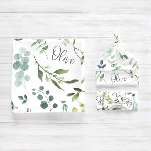 Personalized Baby Swaddle Blanket Set / Newborn Beanie Knotted Hat / Baby Shower Gift / Greenery / Blue Green Watercolor / Olive Collection