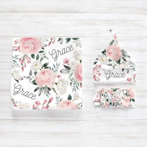 Pink Rose Swaddle Blanket Headband Hat Set Personalized Baby Shower Gift Hospital Newborn Photos Prop Floral Flower Peonies Coming Home Chic