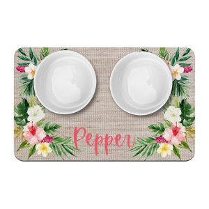 Tropical Hibiscus Personalized Pet Placemat / Custom Dog Bowl Mat / New Puppy Supplies