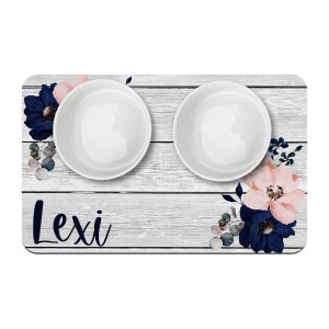 Farmhouse Navy Pink Floral Personalized Dog Bowl Mat, Custom Pet Placemat, New Puppy Supplies / Farmhouse Style Blue Pink Wildflowers