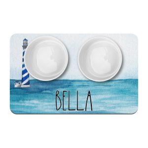 Nautical Lighthouse Personalized Dog Bowl Mat, Custom Pet Placemat, New Puppy Supplies, Beachy Pet Mat