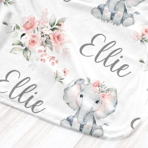 Elephant Swaddle Set, Blanket Headband and Hat, Personalized Baby Shower Gift, Gift for New Baby, Pink Floral Girl Name Swaddle Blanket