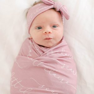 Personalized Baby Swaddle Blanket Set, Newborn Bow Headband, Girl Shower Gift, New Mom Pregnant Expecting Present, Custom Name with Swooshes