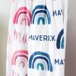 Retro Rainbow Baby Blanket, Large Pink or Blue Rainbows, Personalized Toddler Name Blanket Gift For New Mom or Toddler Big Kid