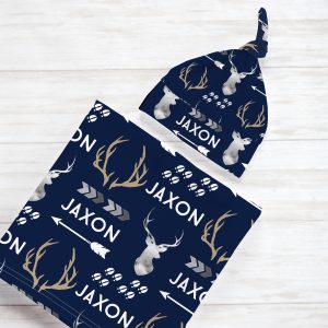 Deer Swaddle Set, Country Hunting Antler Personalized Baby Blanket Hat Newborn Gift, Navy Beanie, New Mom Shower Present Boy