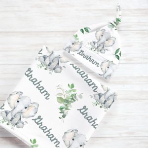 Elephant Baby Personalized Swaddle Blanket Set / Newborn Beanie Knotted Hat / Baby Shower Gift / Elephant / Graham Collection