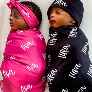 Personalized Baby Swaddle Blanket Set / Newborn Beanie Knotted Hat / Baby Shower Gift / Custom Print Name