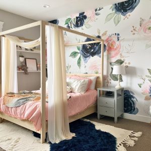 Navy Pink Wallpaper, Peach Blue Rose Floral, Peel and Stick Removable, Baby Girl Nursery Decor Playroom, Large Print Bedroom Mural Midnight