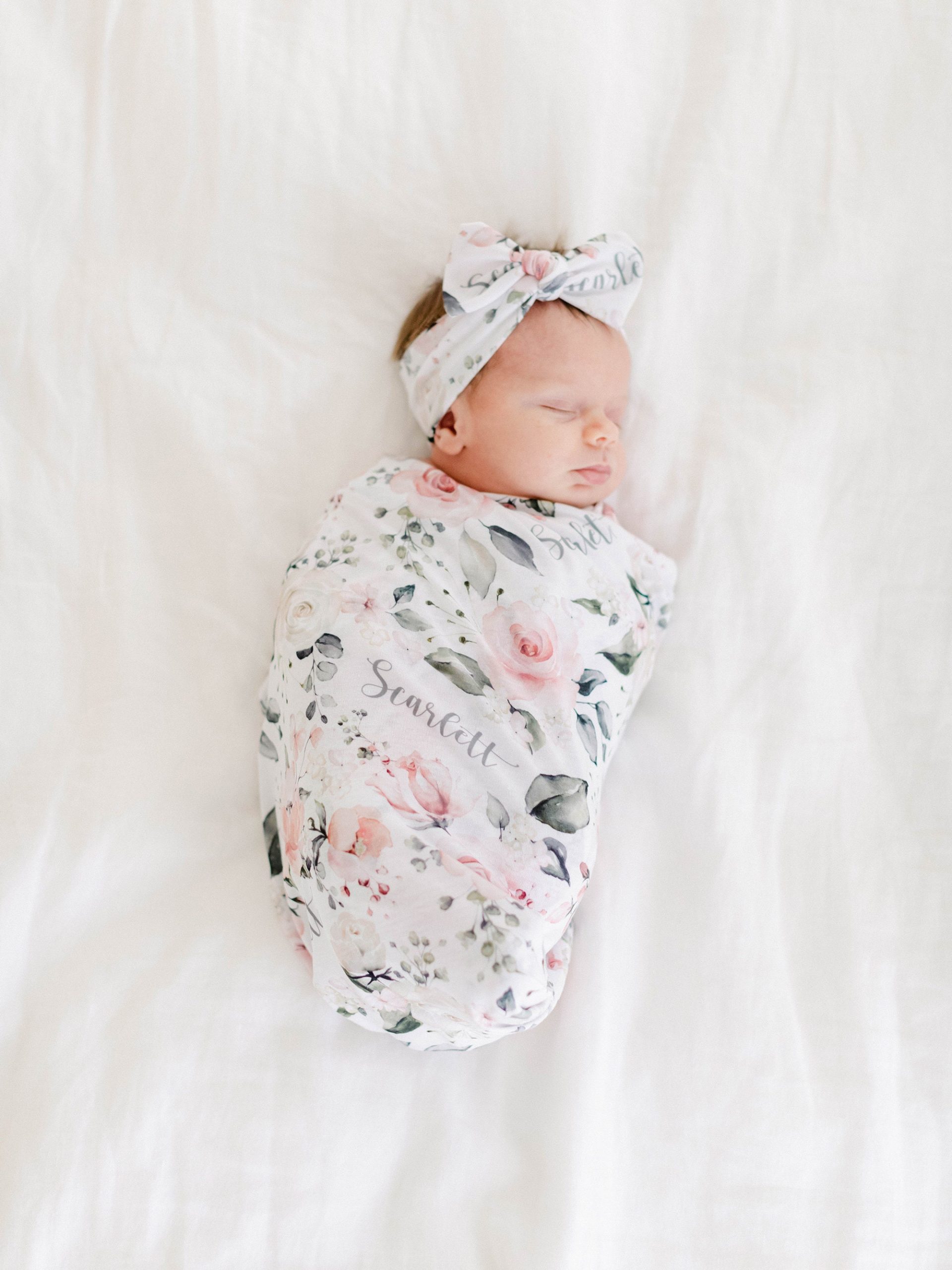 Elephant Swaddle Set, Blanket Headband and Hat, Personalized Baby Shower Gift, Gift for New Baby, Pink Floral Girl Name Swaddle Blanket - Image 5