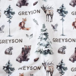 Personalized Woodland Forest Sherpa Blanket, Bear Deer Elk Racoon Fox Trees, Custom Name, Baby Toddler Tween Boy, Woodland || Collection