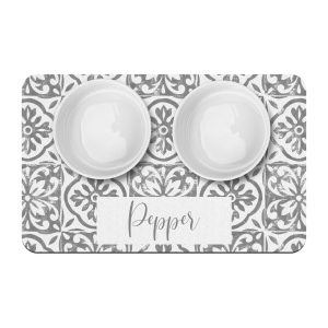 Mosaic Tile Print Personalized Pet Placemat / Custom Dog Bowl Mat / New Puppy Supplies / Farmhouse Style Simple Neutral