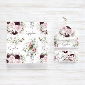 Burgundy Maroon Pink Rose Swaddle Blanket Headband Hat Set / Personalized Baby Shower Gift / Hospital Newborn Photos / Sophia Collection