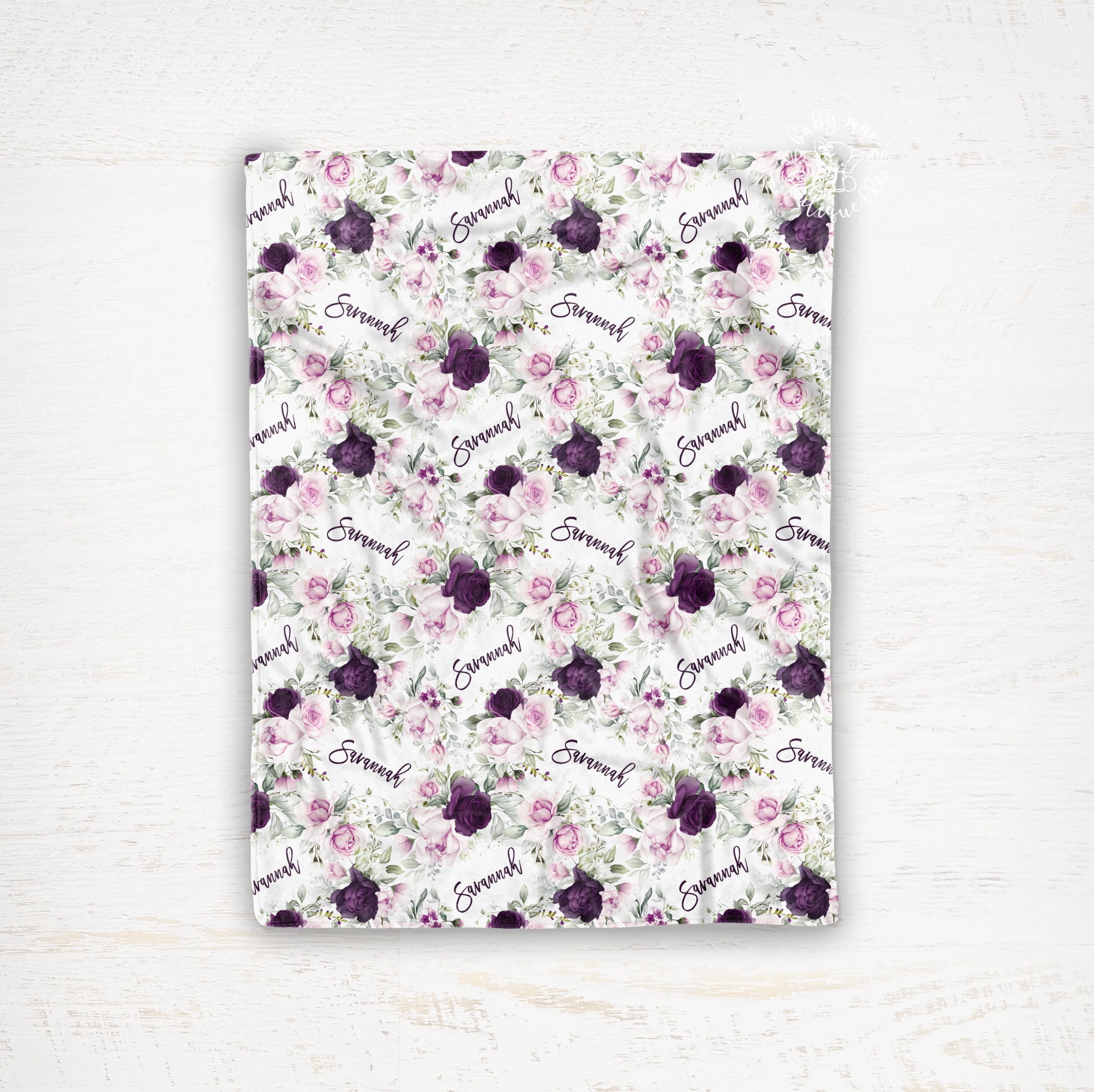 Purple Lavender Floral Rose Name Blanket / Personalized Baby Shower Gift / Hospital Newborn Photos Prop / Savannah Collection - Image 2