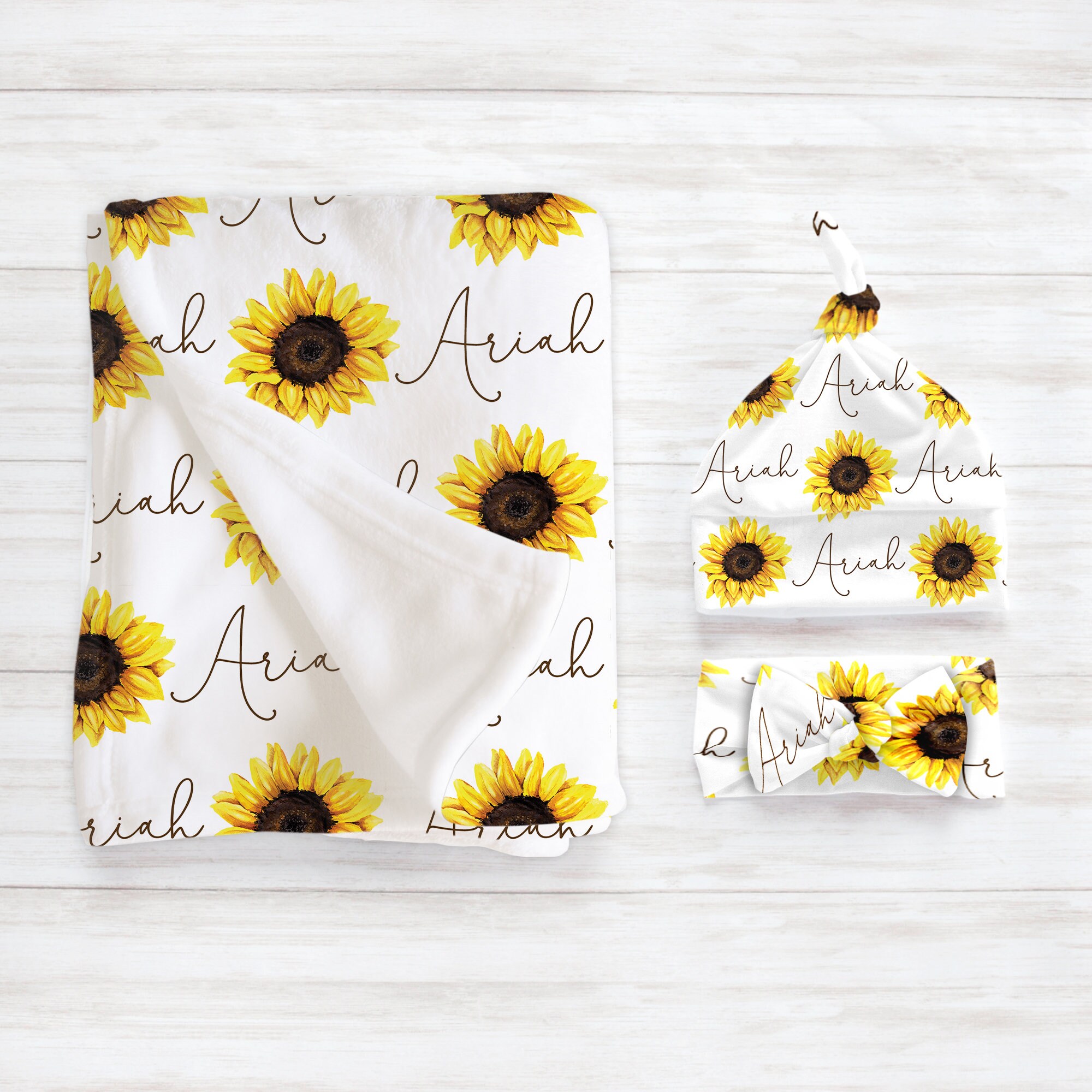 Sunflower Name Minky Blanket / Hat Headband Cuddly Personalized Baby Shower Gift / Hospital Newborn Photos Prop / Yellow Sunny Collection - Image 2
