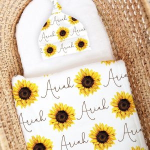 Sunflower Name Minky Blanket / Hat Headband Cuddly Personalized Baby Shower Gift / Hospital Newborn Photos Prop / Yellow Sunny Collection