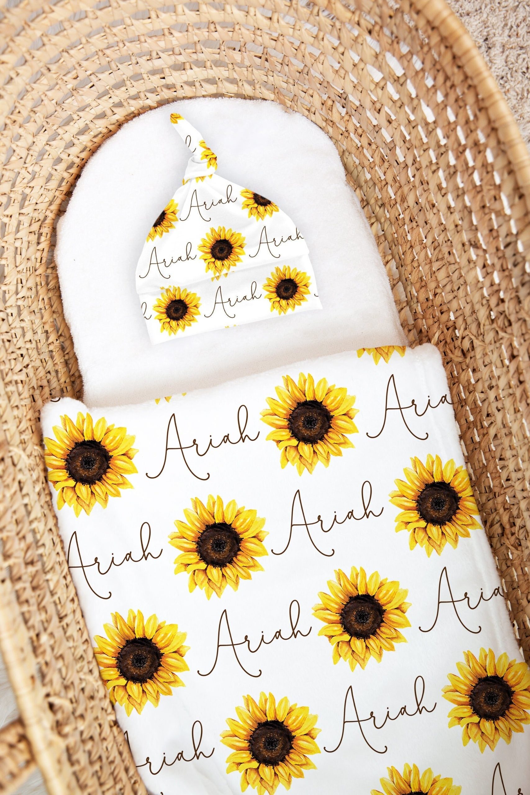 Sunflower Name Minky Blanket / Hat Headband Cuddly Personalized Baby Shower Gift / Hospital Newborn Photos Prop / Yellow Sunny Collection