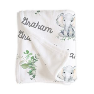 Personalized Elephant Blanket, Baby Boy, Custom Name, Minky or Sherpa, Infant Newborn Toddler Tween, Graham Collection