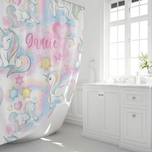 Personalized Unicorn Rainbow Shower Curtain / Girl Bathroom / Extra Long Shower Curtain / Custom Bath Decor / Unicorn Collection