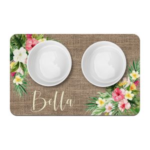 Tropical Hibiscus Personalized Dog Cat Bowl Mat, Custom Pet Placemat, New Puppy Supplies, Kitty Supplies, Floral Pet Mat