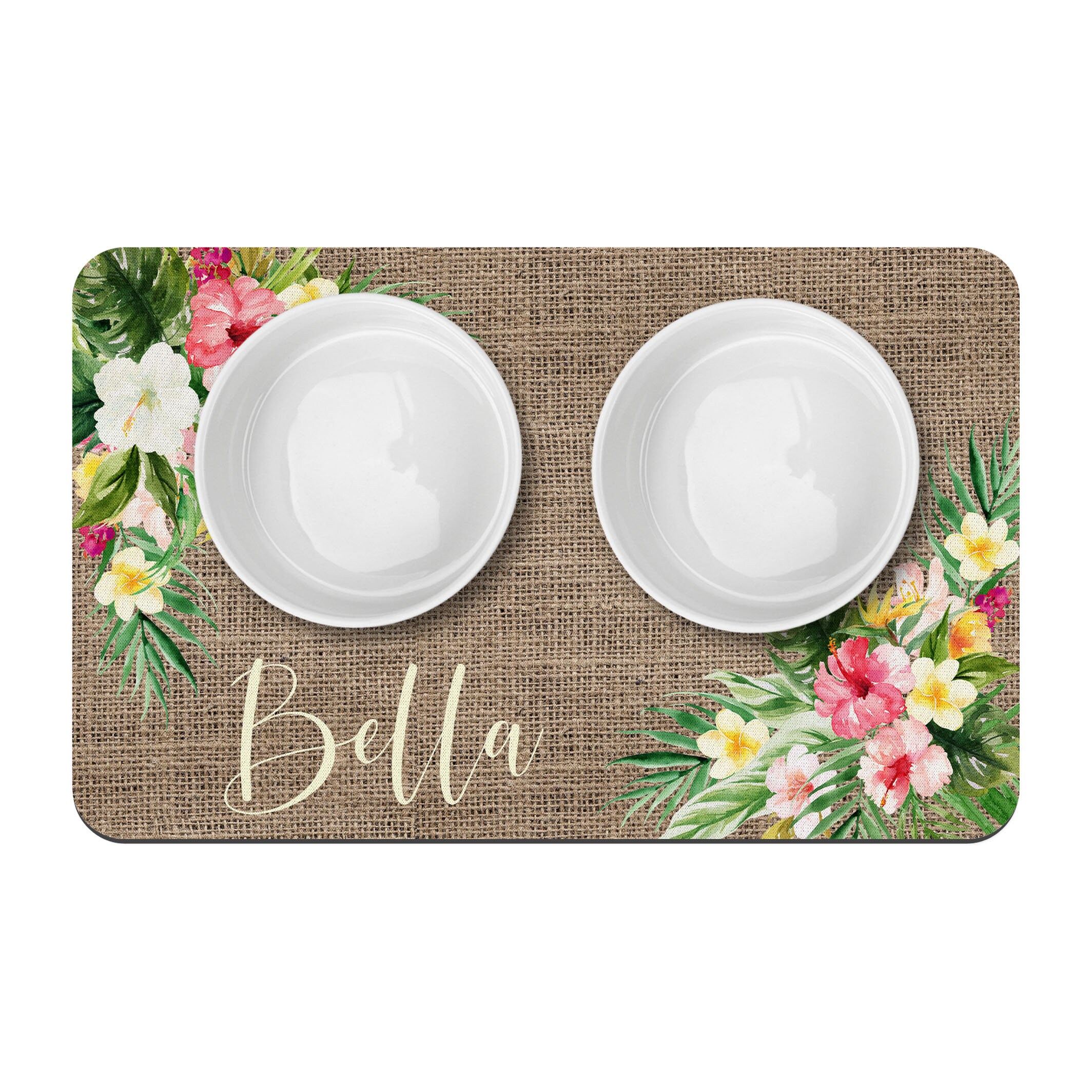 Tropical Hibiscus Personalized Dog Cat Bowl Mat, Custom Pet Placemat, New Puppy Supplies, Kitty Supplies, Floral Pet Mat