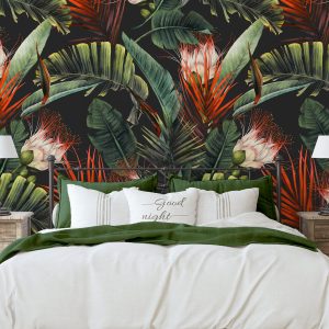 Black Tropical Plants Wallpaper, Jungle Dramatic Dark Focal Wall, Peel Stick Removable or Traditional Unpasted,  Large Print Mural Bedroom