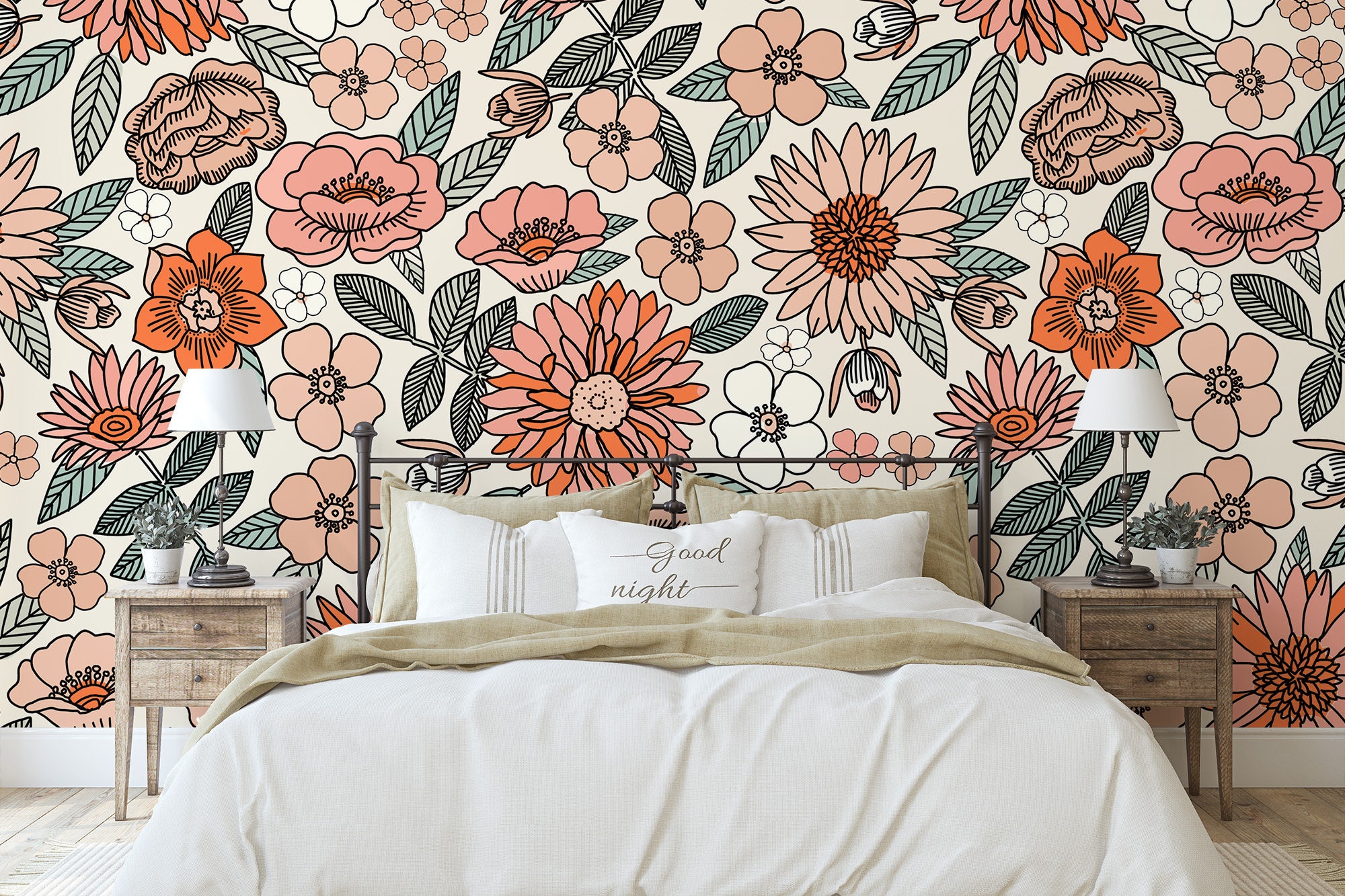 Big Retro Flowers Wallpaper / Peel and Stick Removable / Baby Girl Nursery Decor / Large Print / Living Room Bedroom / Big Retro Flowers - Image 3