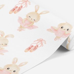 Pink White Ballerina Bunny Wallpaper, Peel Stick Removable, Baby Girl Nursery Decor, Dancer Playroom Pointe Shoes, Unpasted Traditional