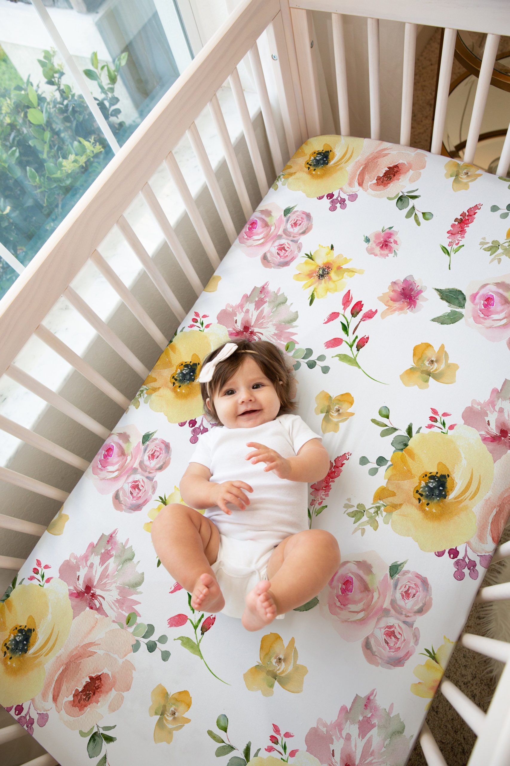 Pink Yellow Floral Crib Sheet / Rose Nursery / Pink Yellow Rose / Changing Pad Cover / Mini Crib Sheet Option / Lainey Collection - Image 2