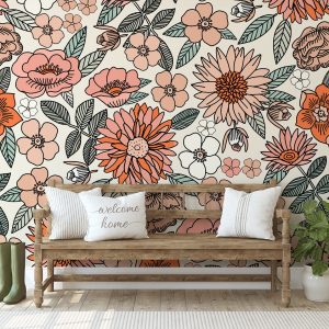 Big Retro Flowers Wallpaper / Peel and Stick Removable / Baby Girl Nursery Decor / Large Print / Living Room Bedroom / Big Retro Flowers