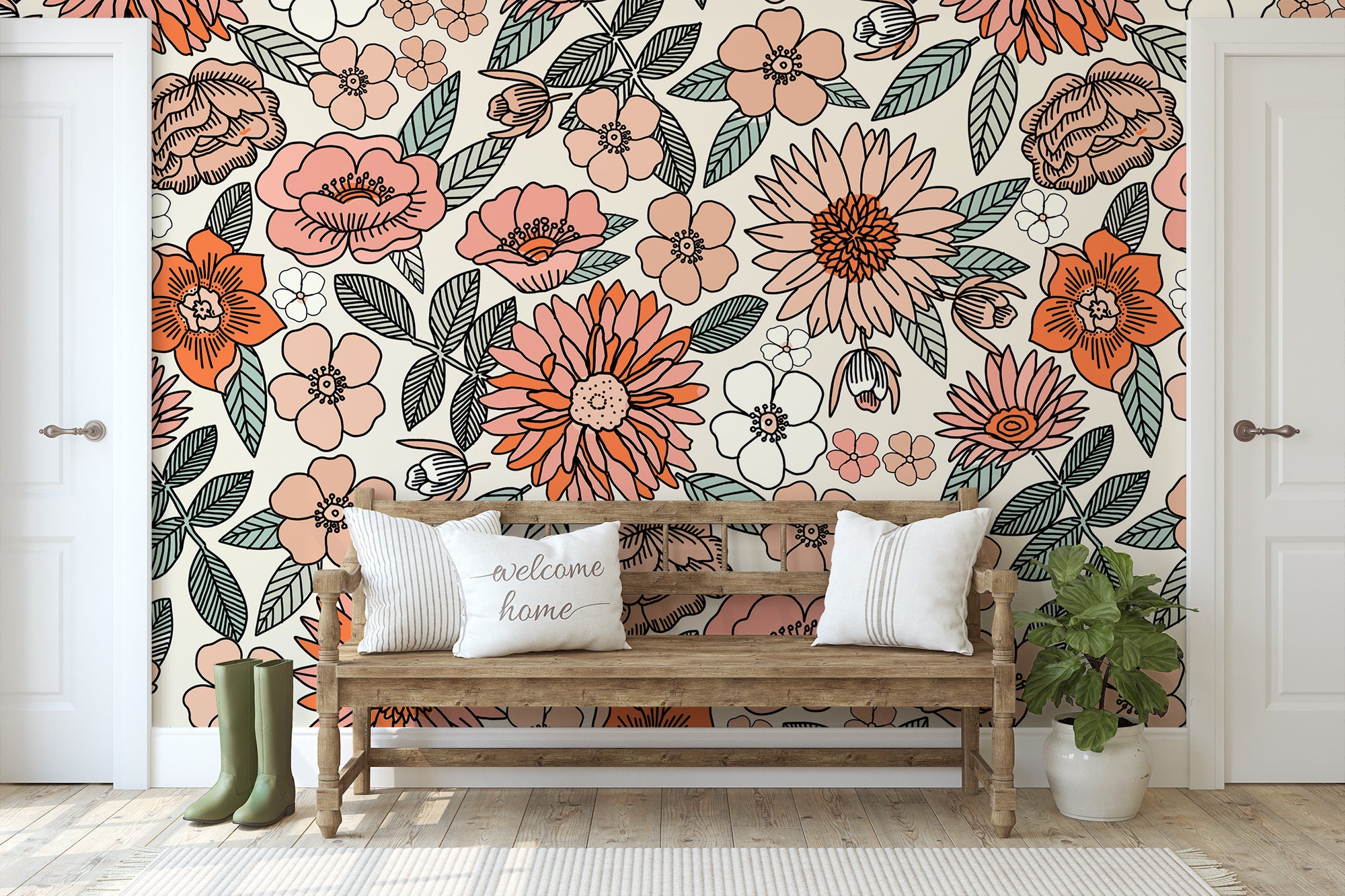 Big Retro Flowers Wallpaper / Peel and Stick Removable / Baby Girl Nursery Decor / Large Print / Living Room Bedroom / Big Retro Flowers